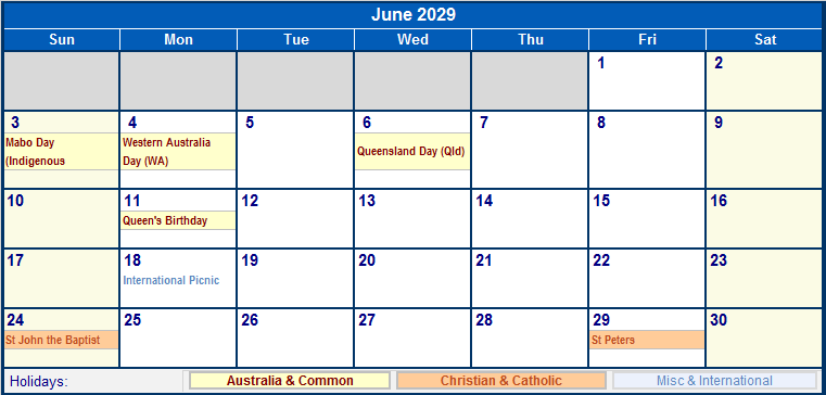 June 2029 Australia Calendar With Holidays For Printing image Format 