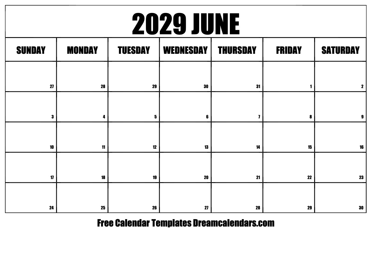 June 2029 Calendar Free Printable With Holidays And Observances