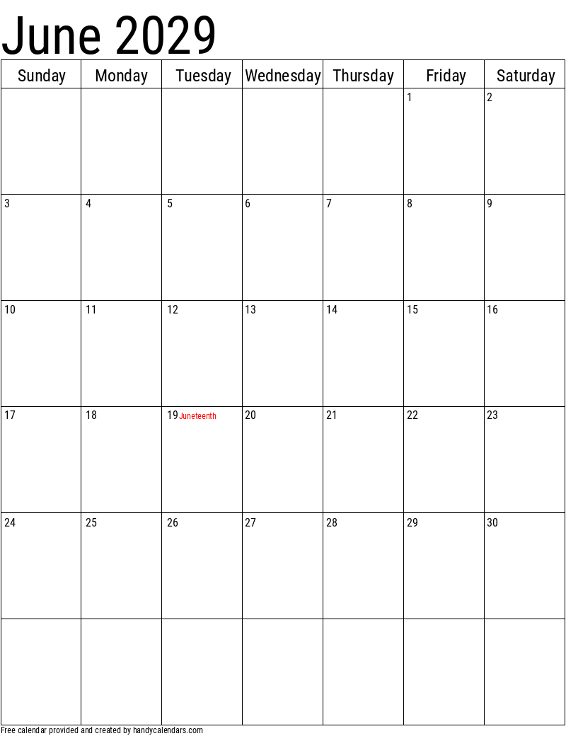 June 2029 Vertical Calendar With Holidays Handy Calendars