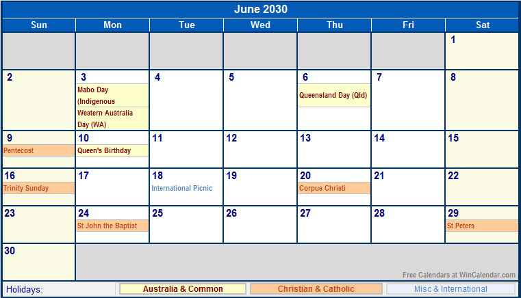 June 2030 Australia Calendar With Holidays For Printing image Format 