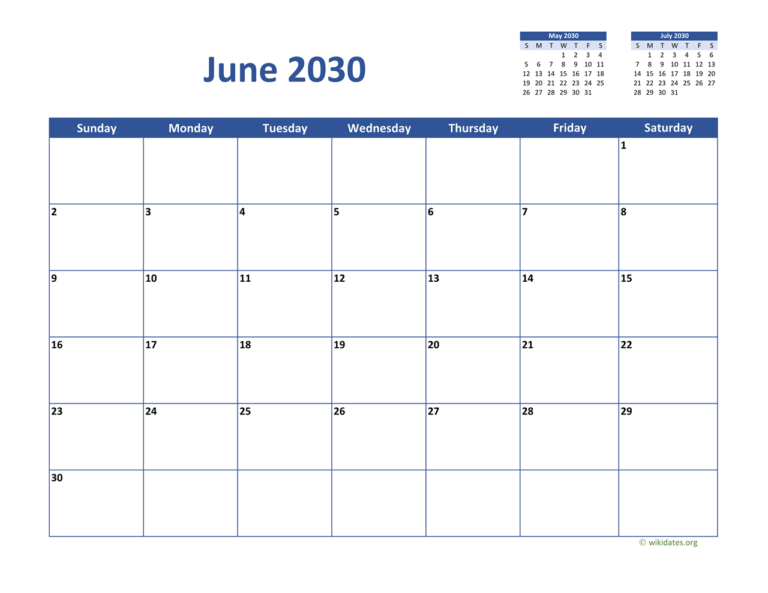 June 2030 Calendar Classic WikiDates