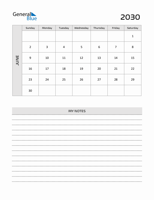 June 2030 Monthly Calendar