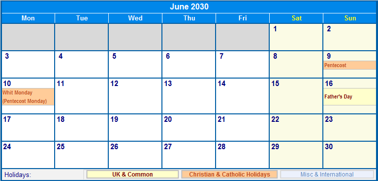 June 2030 UK Calendar With Holidays For Printing image Format 