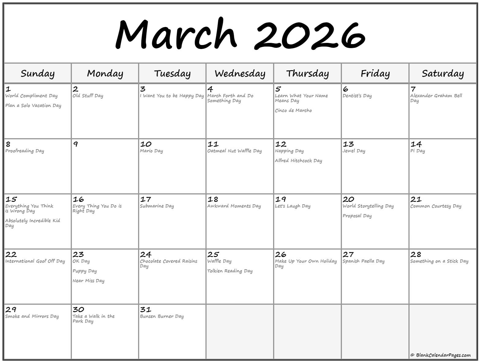 March 2026 With Holidays Calendar