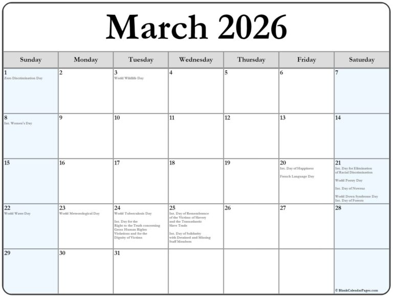 March 2026 With Holidays Calendar