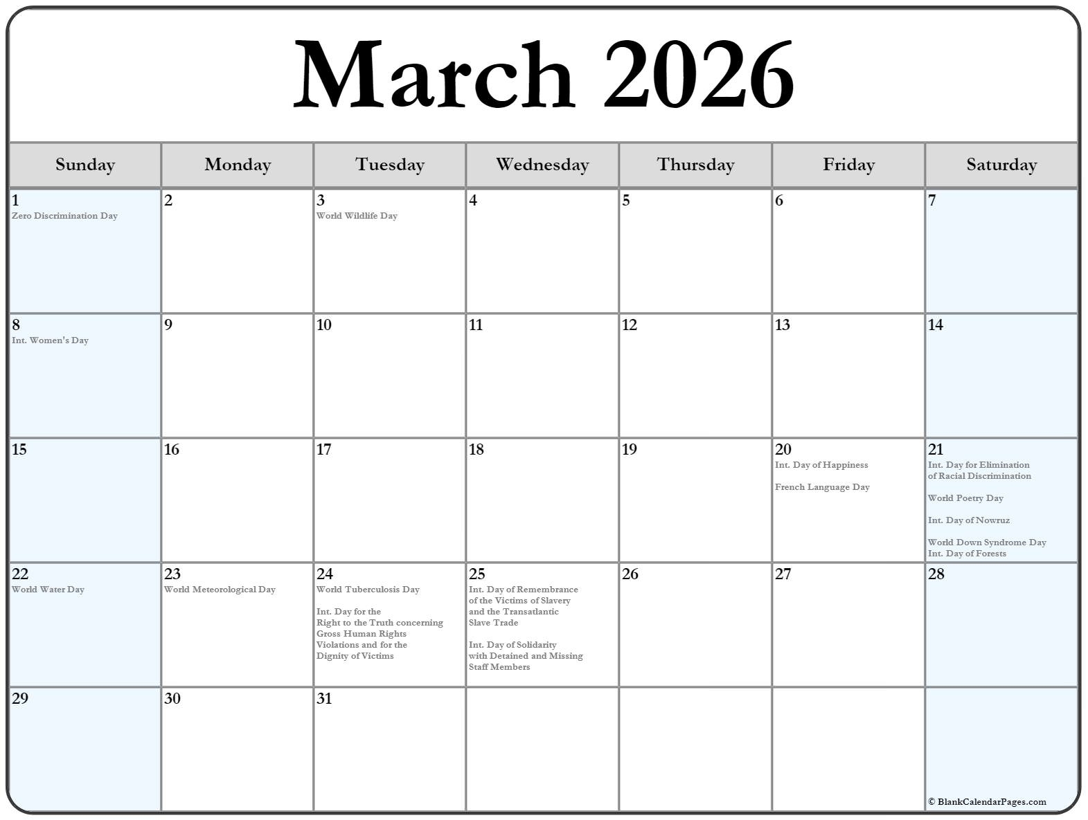 March 2026 With Holidays Calendar