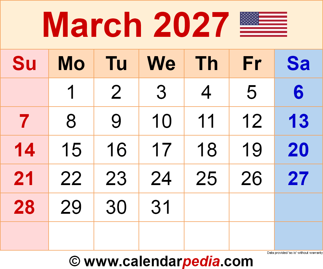 March 2027 Calendar Templates For Word Excel And PDF