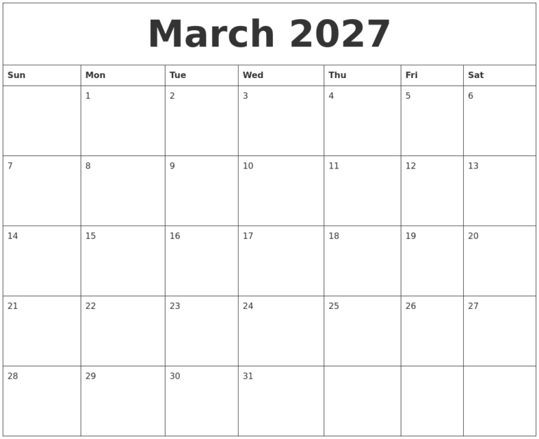 March 2027 Cute Printable Calendar
