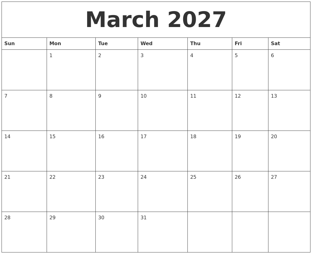 March 2027 Cute Printable Calendar