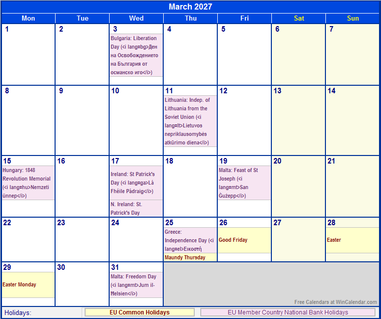March 2027 EU Calendar With Holidays For Printing image Format 