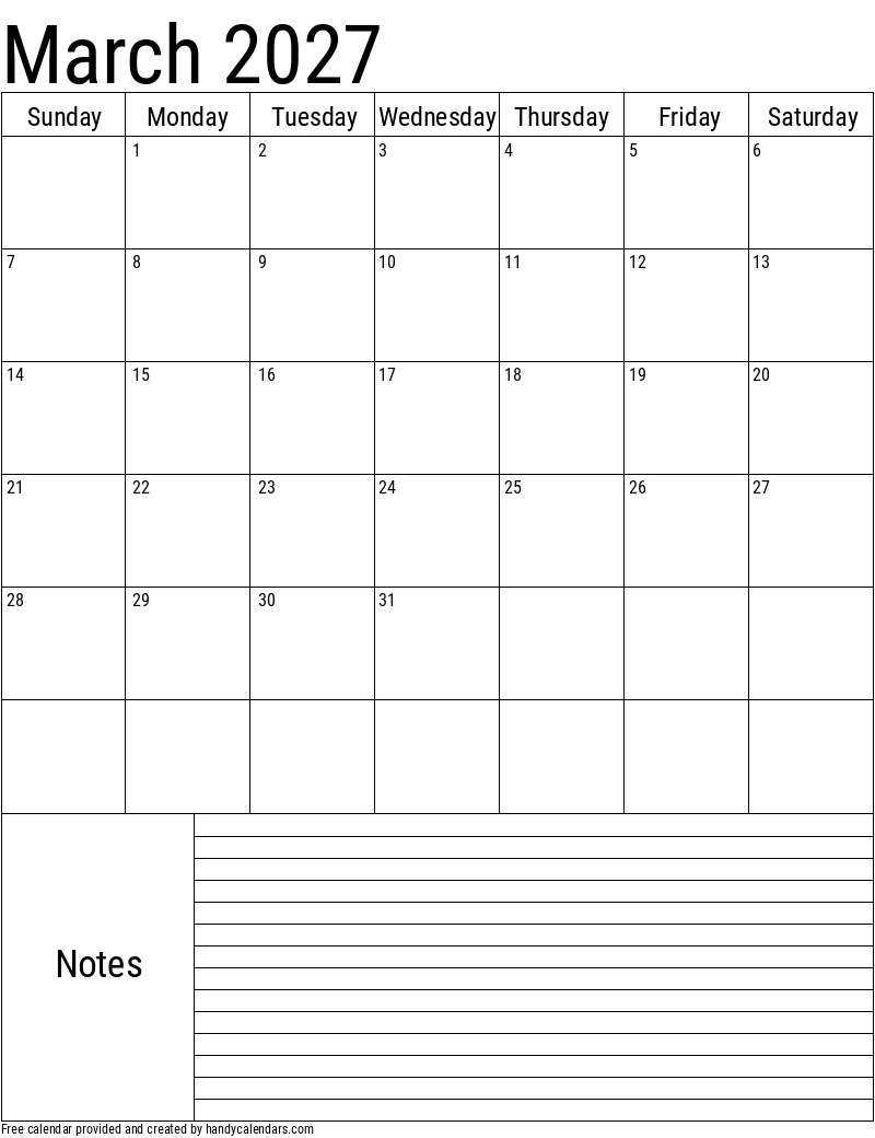 March 2027 Vertical Calendar With Notes Handy Calendars