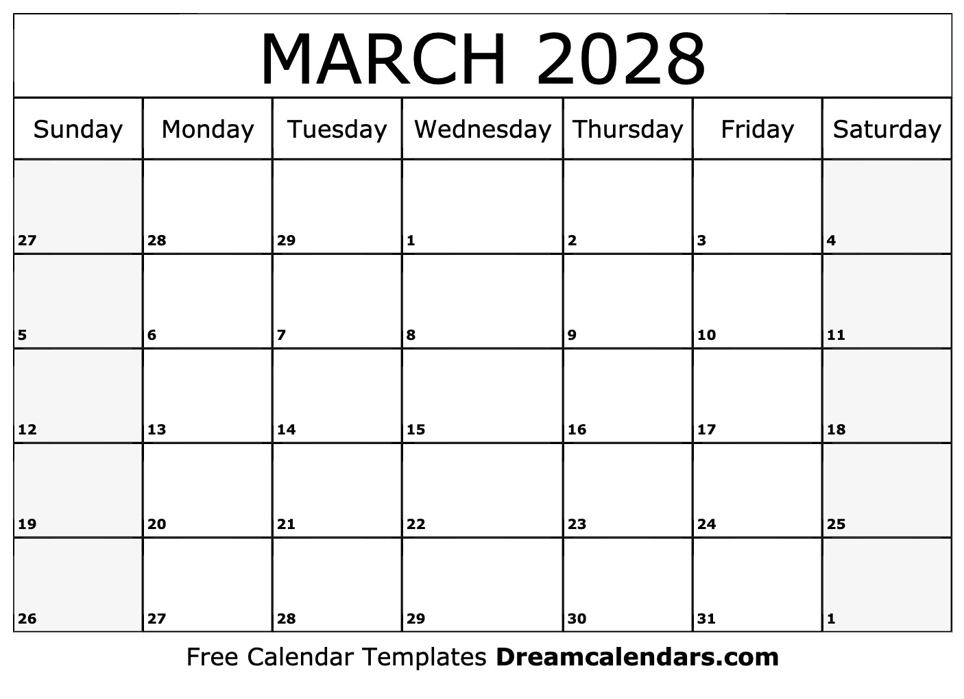 March 2028 Calendar Free Printable With Holidays And Observances