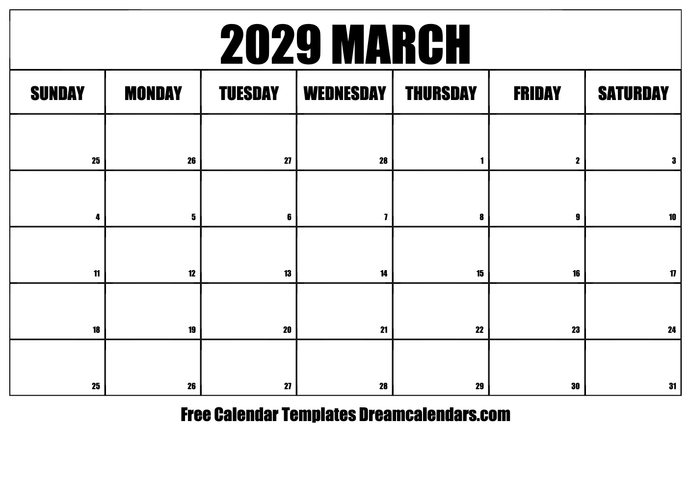 March 2029 Calendar Free Printable With Holidays And Observances