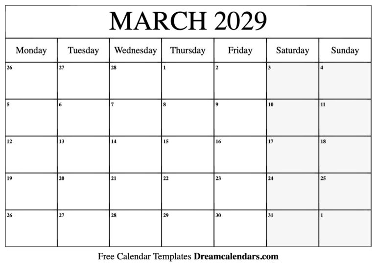 March 2029 Calendar Free Printable With Holidays And Observances