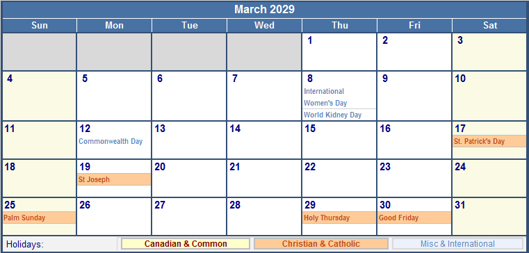 March 2029 Canada Calendar With Holidays For Printing image Format 
