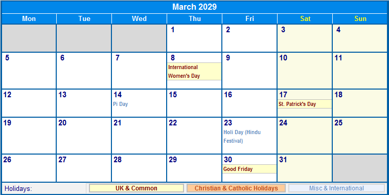 March 2029 UK Calendar With Holidays For Printing image Format 