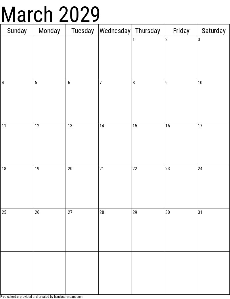 March 2029 Vertical Calendar Handy Calendars