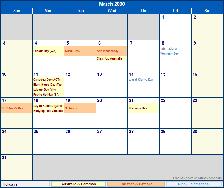 March 2030 Australia Calendar With Holidays For Printing image Format 