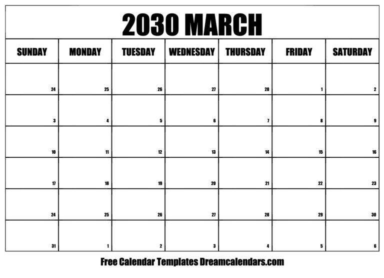 March 2030 Calendar Free Printable With Holidays And Observances