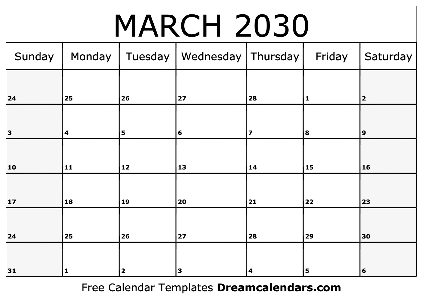 March 2030 Calendar Free Printable With Holidays And Observances