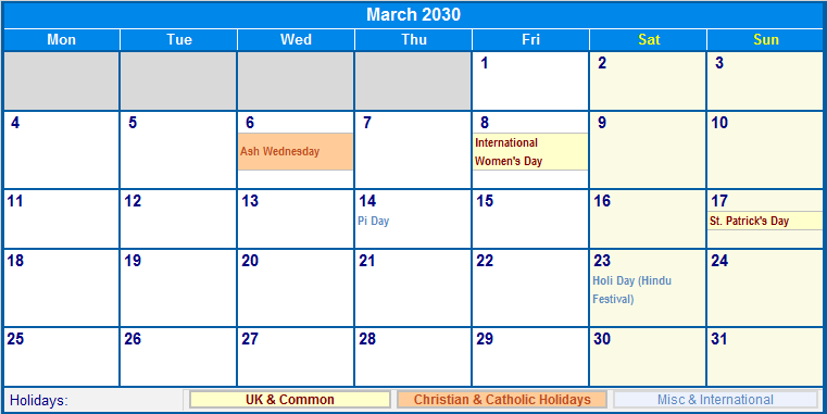 March 2030 UK Calendar With Holidays For Printing image Format 