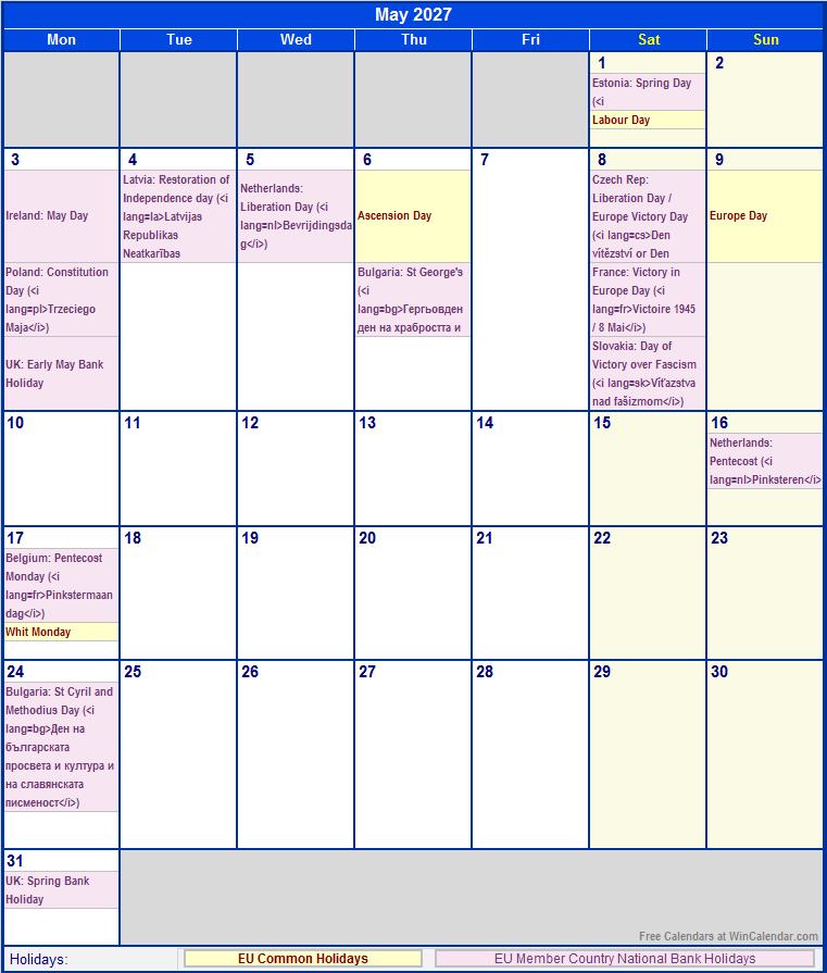 May 2027 EU Calendar With Holidays For Printing image Format 