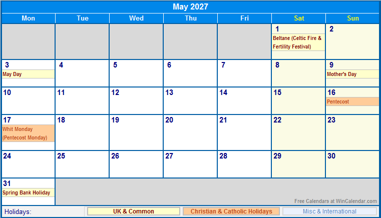May 2027 UK Calendar With Holidays For Printing image Format 