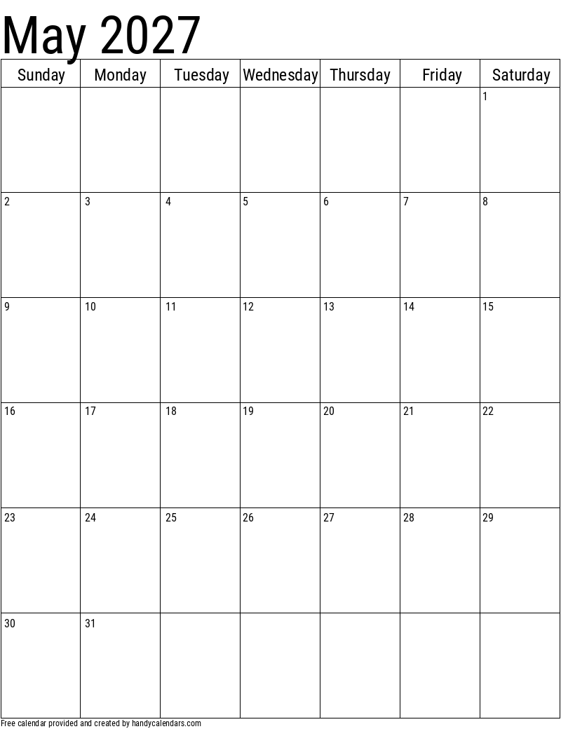 May 2027 Vertical Calendar Handy Calendars