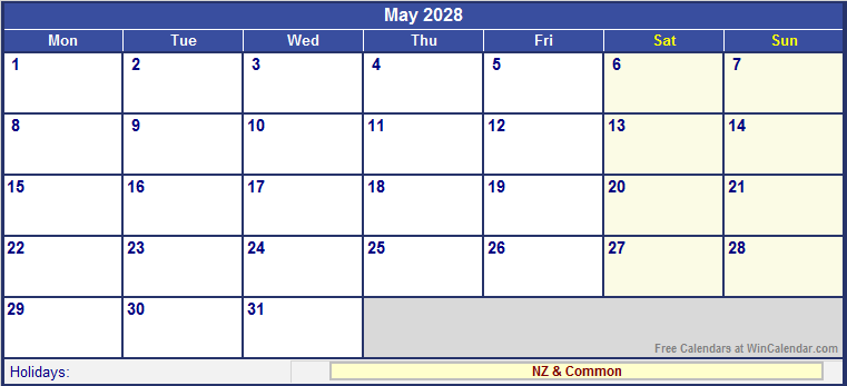 May 2028 New Zealand Calendar With Holidays For Printing image Format 