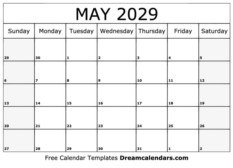 May 2029 Calendar Free Printable With Holidays And Observances