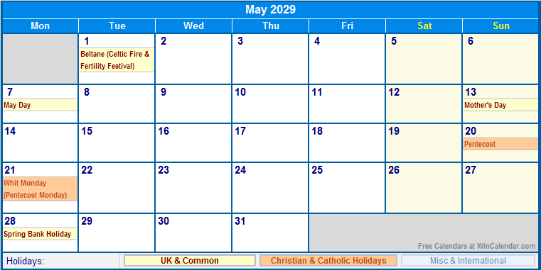 May 2029 UK Calendar With Holidays For Printing image Format 