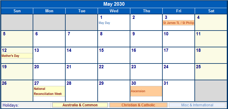 May 2030 Australia Calendar With Holidays For Printing image Format 