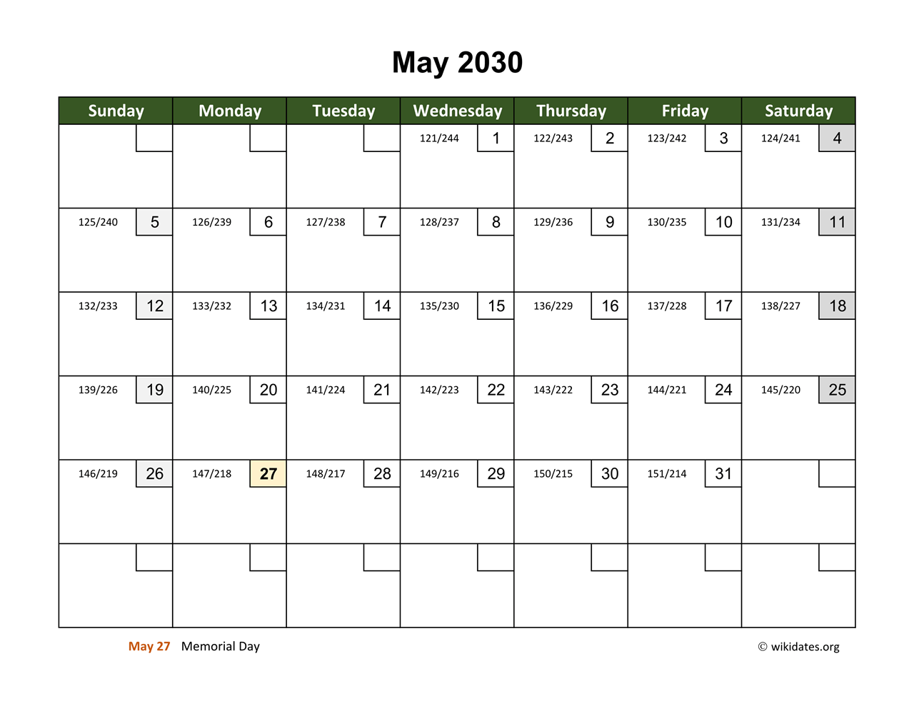 May 2030 Calendar With Day Numbers WikiDates