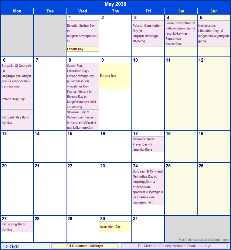 May 2030 EU Calendar With Holidays For Printing image Format 