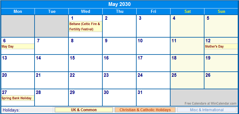 May 2030 UK Calendar With Holidays For Printing image Format 