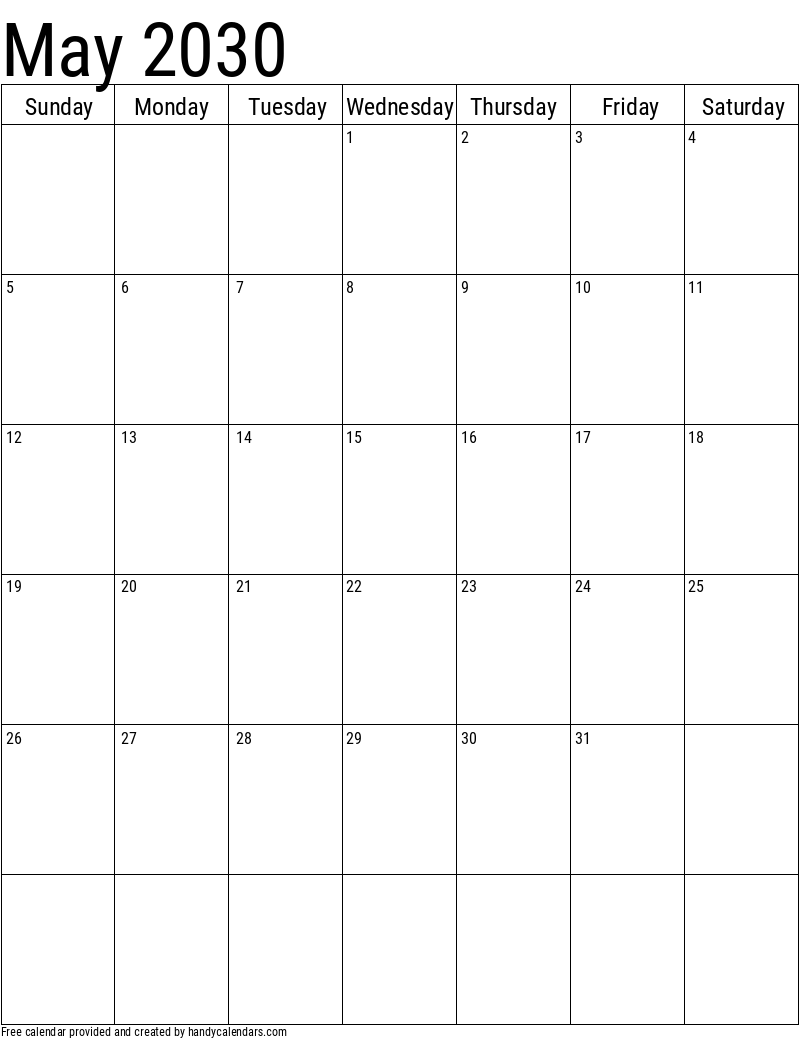 May 2030 Vertical Calendar Handy Calendars