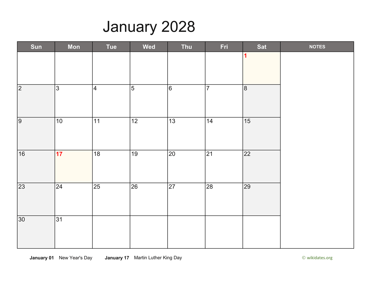 Monthly 2028 Calendar With Notes WikiDates