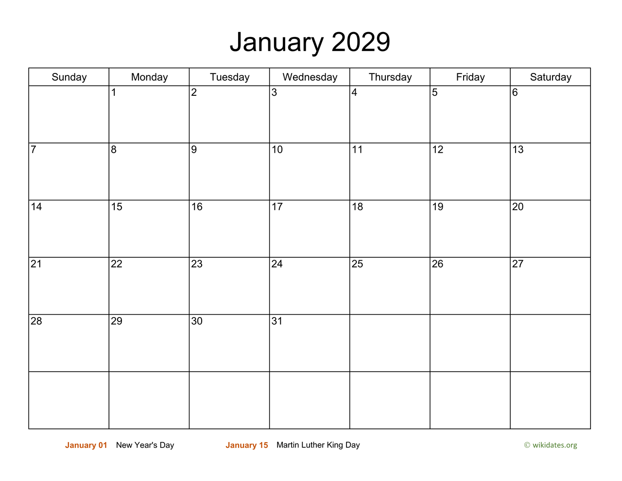 Monthly Basic Calendar For 2029 WikiDates