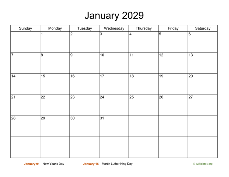 Monthly Basic Calendar For 2029 WikiDates
