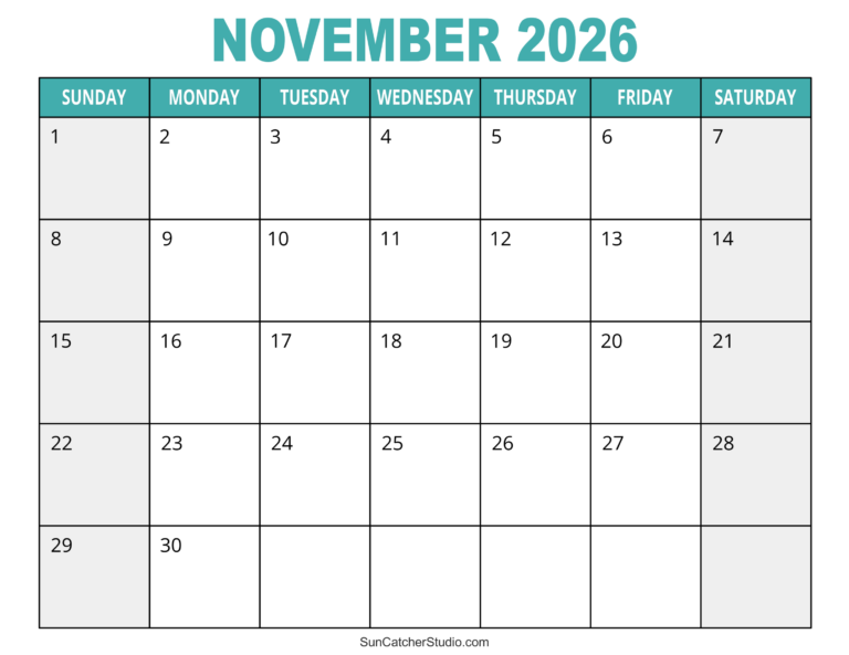 November 2026 Calendar Free Printable DIY Projects Patterns 