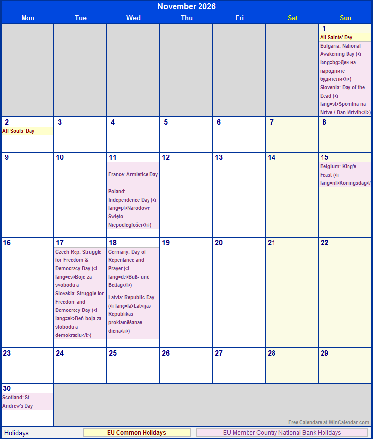November 2026 EU Calendar With Holidays For Printing image Format 