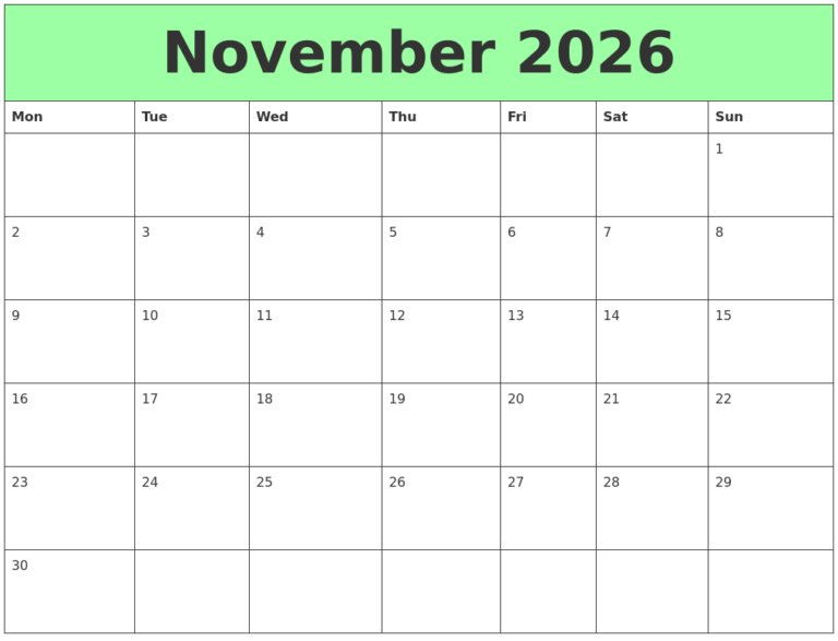 November 2026 Printable Calendars