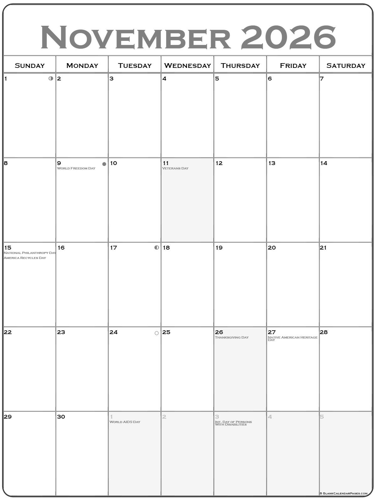 November 2026 Vertical Calendar Portrait