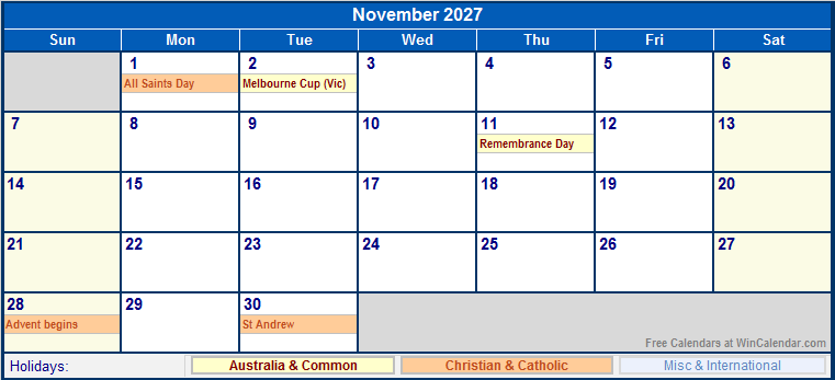 November 2027 Australia Calendar With Holidays For Printing image Format 