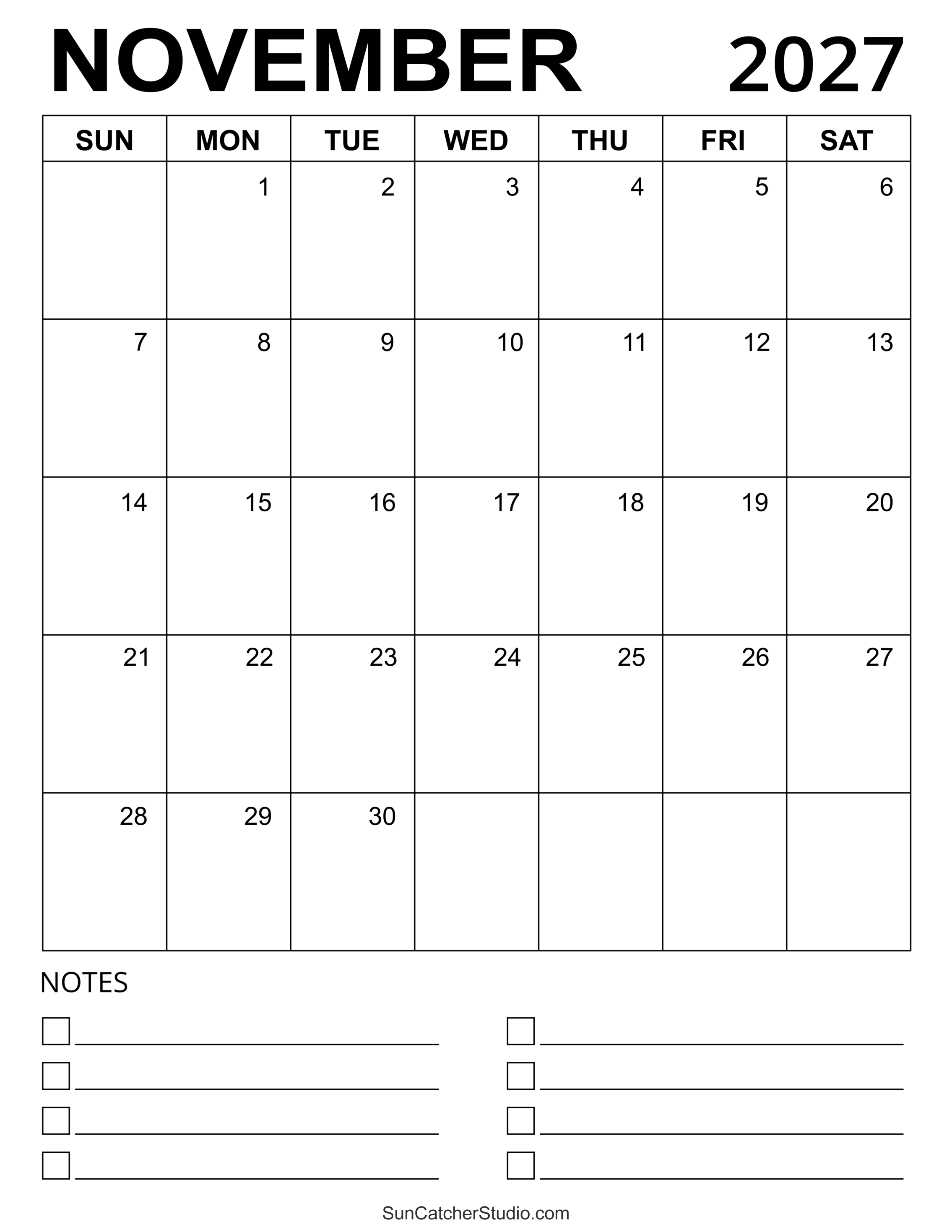 November 2027 Calendar Free Printable DIY Projects Patterns 