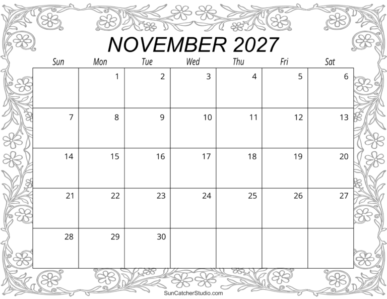November 2027 Calendar Free Printable DIY Projects Patterns 