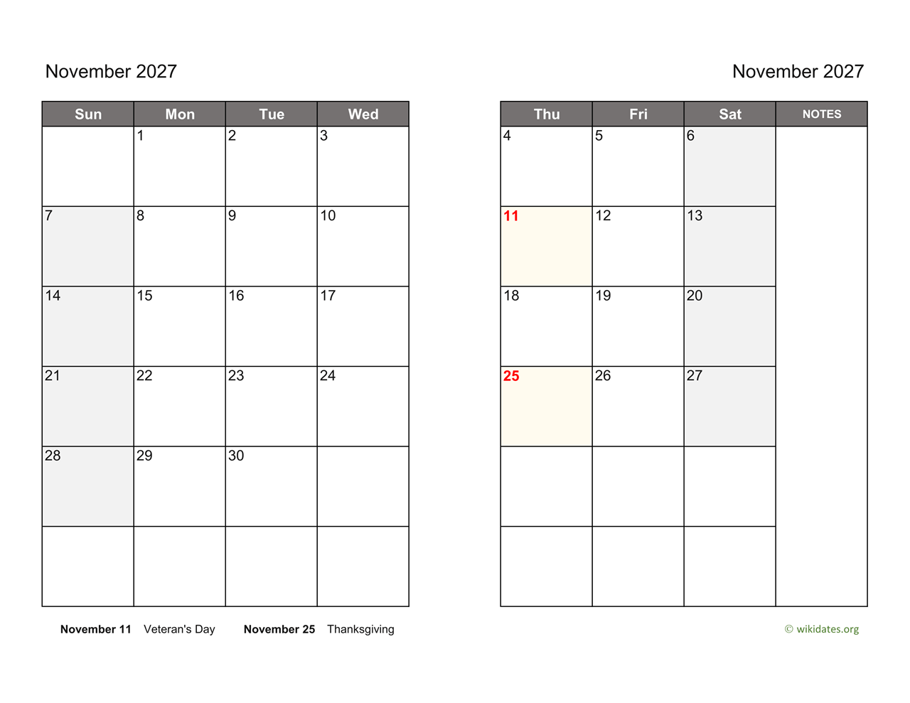 November 2027 Calendar On Two Pages WikiDates