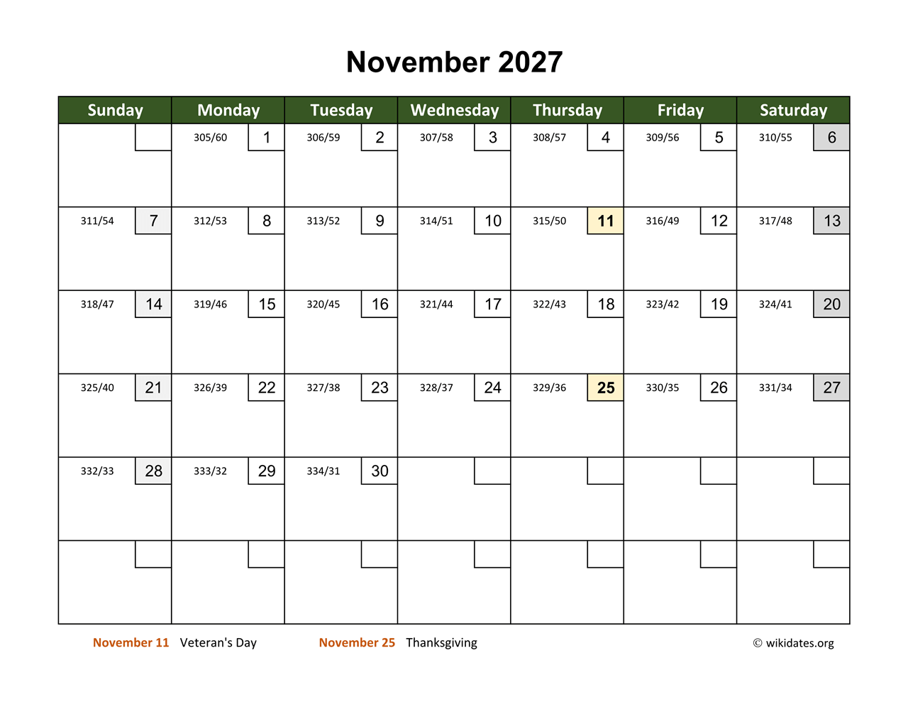 November 2027 Calendar With Day Numbers WikiDates