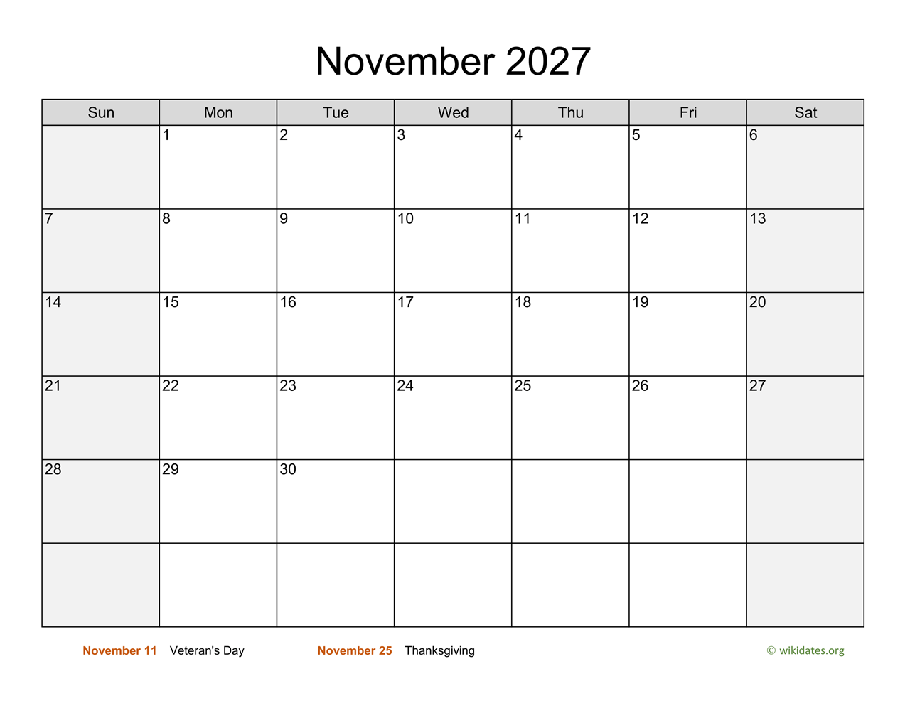 November 2027 Calendar With Weekend Shaded WikiDates