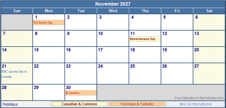 November 2027 Canada Calendar With Holidays For Printing image Format 